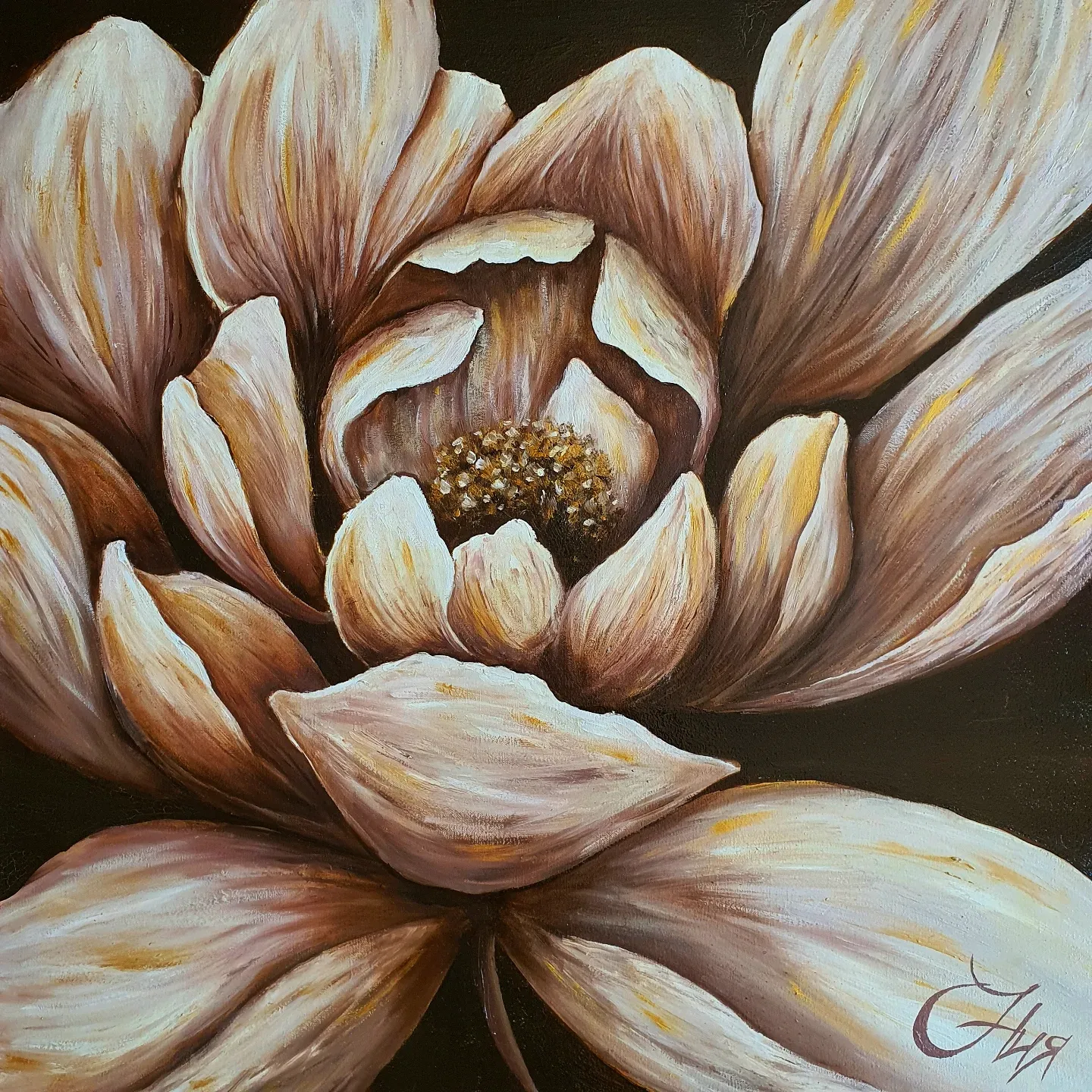 Golden Thread Peony — large oil painting